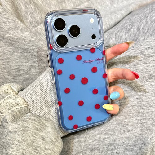 透蓝色底满屏红色波点弹簧绳适用于iphone18promax苹果17手机壳15新款16pro女17pm圆边双层硅胶创意防摔软壳