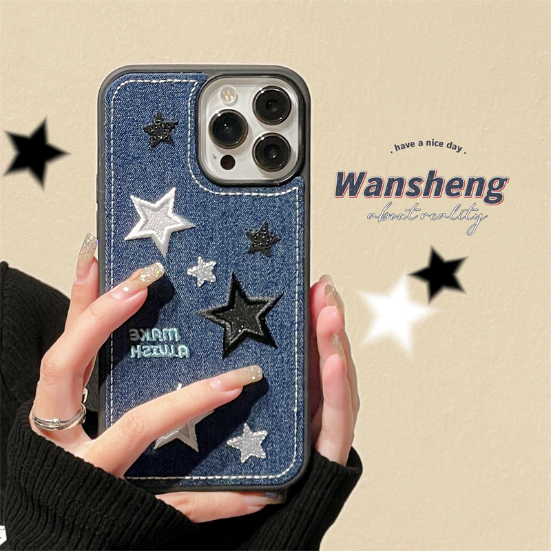 玩胜 高级感牛仔布刺绣五角星iphone15promax苹果14手机壳11新款15pro女12秋冬季13pm小众风硅胶创意防摔软壳