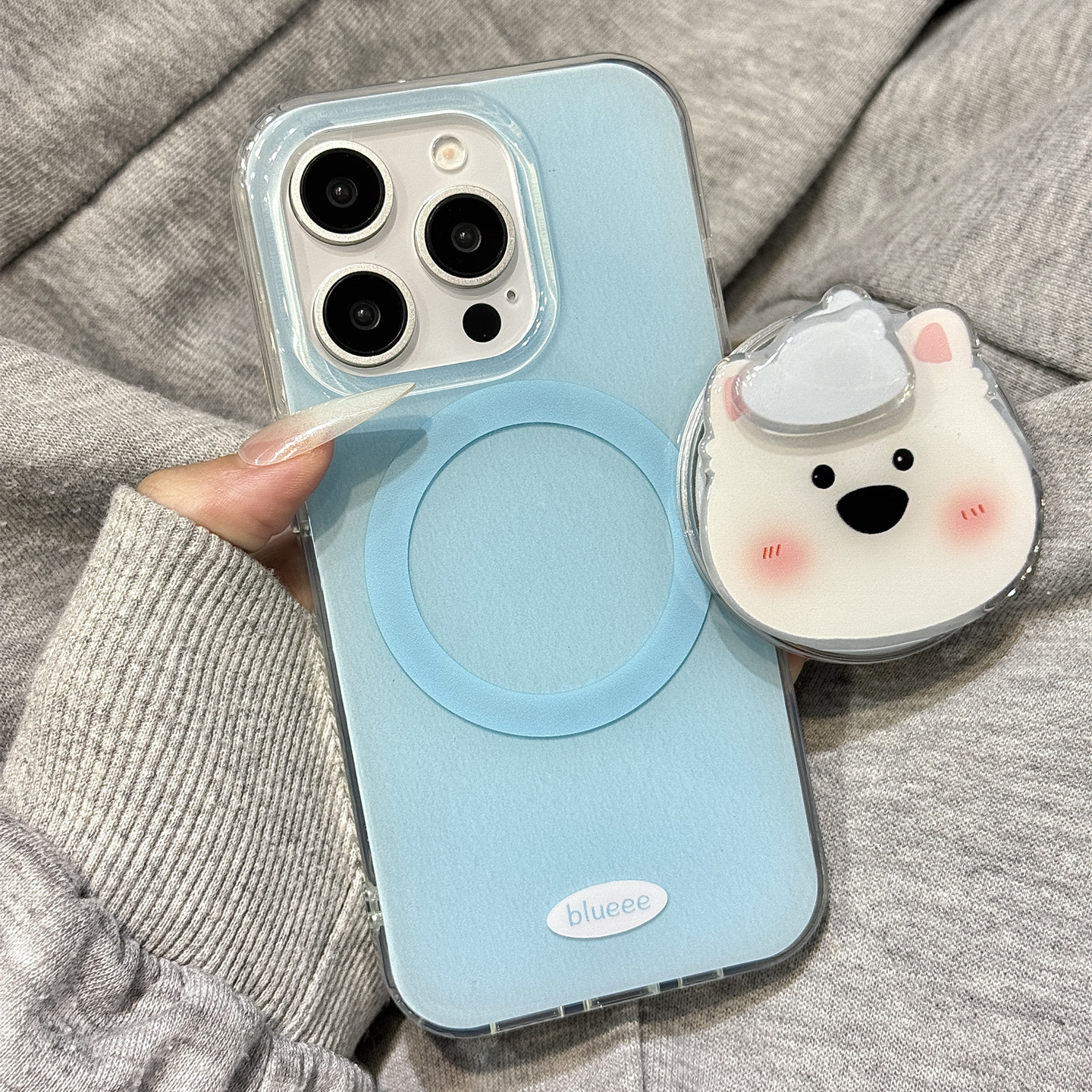 小清新蓝色油画腮红狗狗旋转磁吸支架适用于iphone16promax苹果14手机壳15新款15pro女16可爱13pm硅胶防摔套