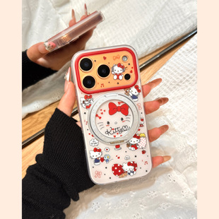 可爱油画满屏kitty猫磁吸支点支架壳适用于iphone17promax苹果14手机壳15新款16pro女13少女心17pm硅胶防摔套