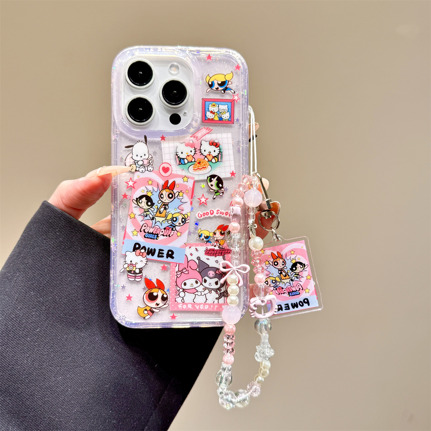 亮片星星可爱kitty猫小女孩挂件链条适用于iphone16promax苹果14手机壳15新款15pro女16少女心13pm硅胶防摔套