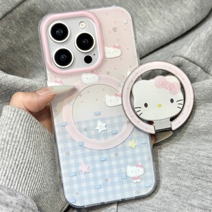 格子纹波点星星kitty猫折叠磁吸支架适用于iphone17promax苹果14手机壳15新款16pro女16可爱13pm硅胶防摔软壳