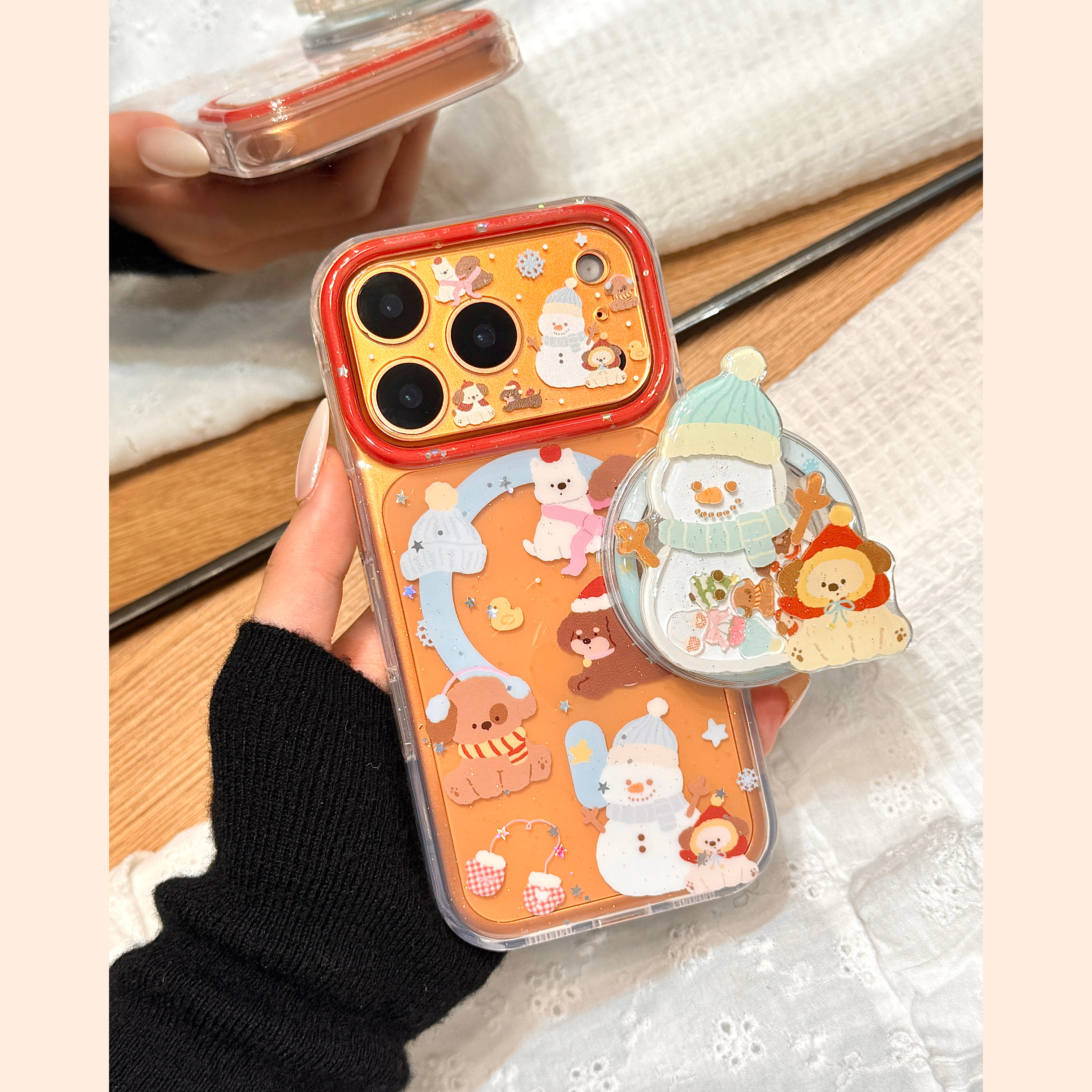 闪粉亮片可爱小动物雪人磁吸支架适用于iphone17promax苹果14手机壳15新款16pro女13带镜头膜17pm硅胶防摔套