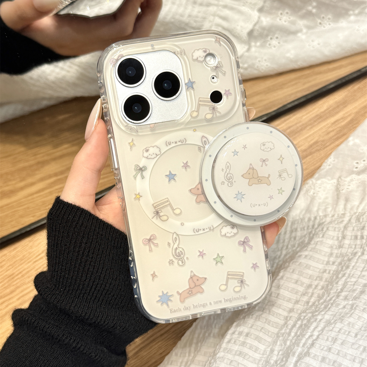 可爱油画彩色星星音符腊肠狗磁吸支架适用于iphone17promax苹果14手机壳15新款16pro女13双层17pm硅胶防摔套