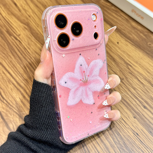 细闪粉亮片星星少女粉油画百合花朵适用于iphone17promax苹果14手机壳15新款 17pm硅胶防摔套 16pro女13早春季