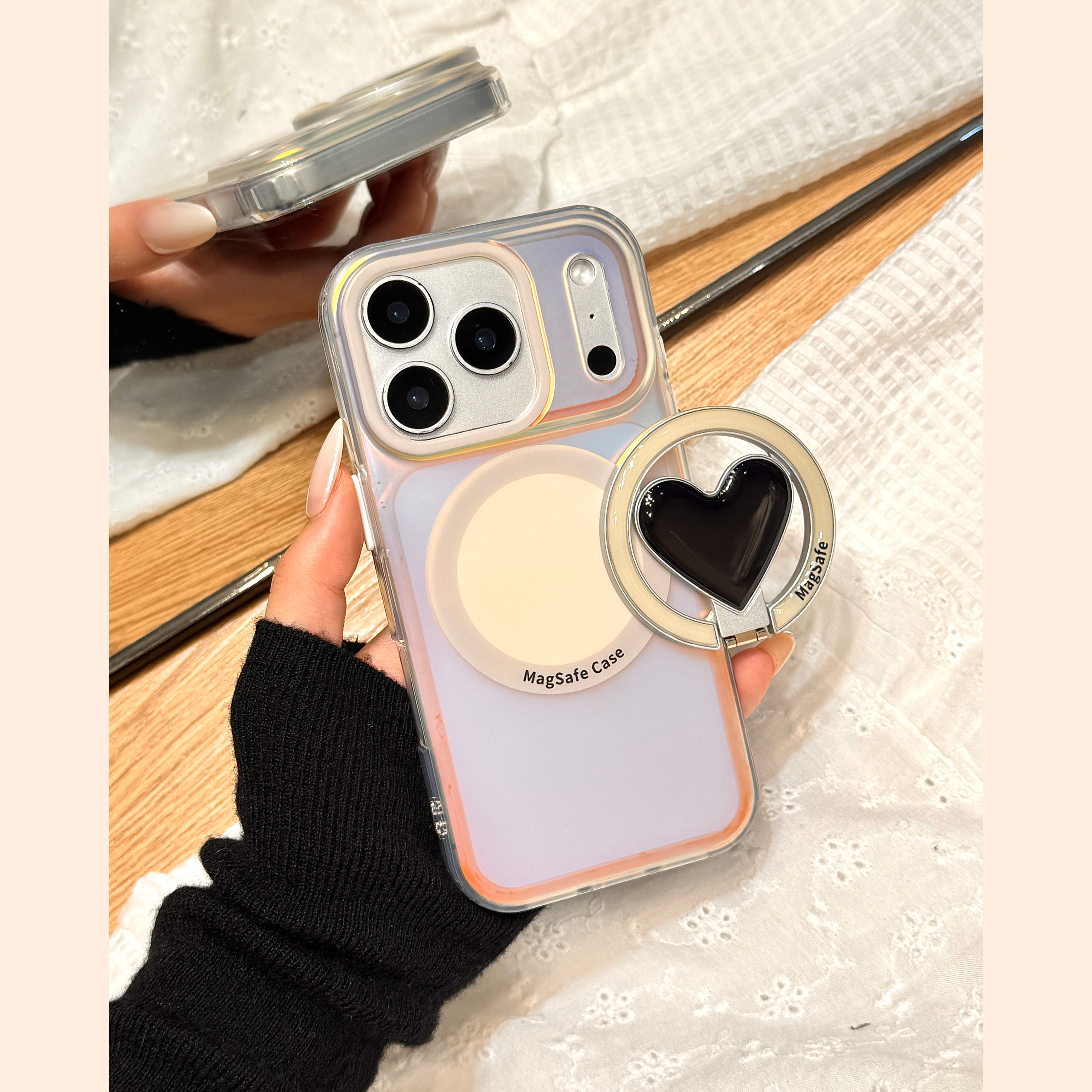 高级感幻彩白色折叠爱心磁吸支架适用于iphone17promax苹果14手机壳15新款16pro女13磨砂17pm硅胶防摔保护套