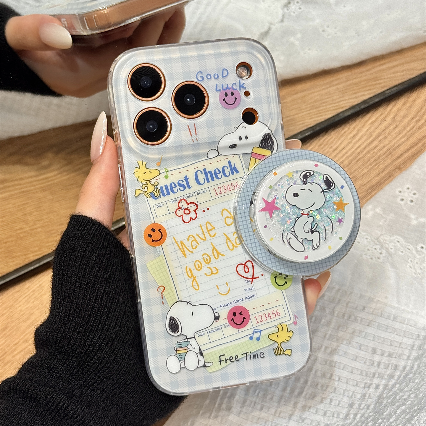 蓝白格子纹涂鸦史努比闪粉流沙磁吸支架适用于iphone17promax苹果14手机壳15新款16pro女13硅胶17pm防摔软壳