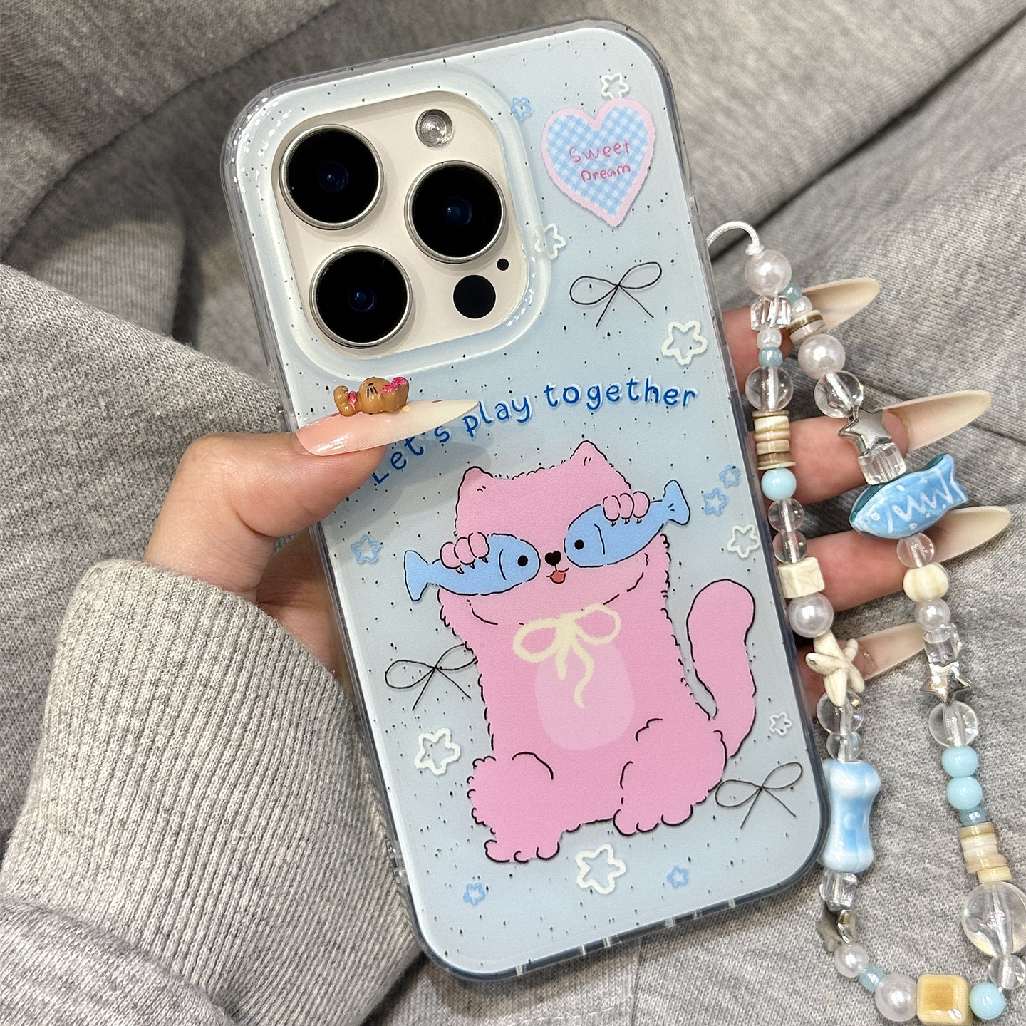 可爱油画泼墨蝴蝶结粉色猫咪链条适用于iphone16promax苹果14手机壳15新款15pro女16少女心13pm硅胶防摔软壳