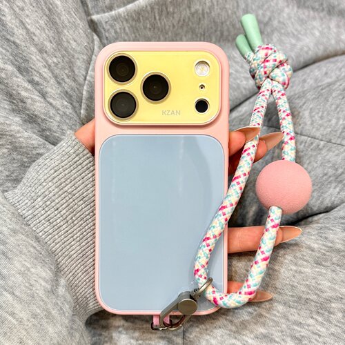 ins极简风粉蓝黄拼色大视窗粉波点手拎绳适用于iphone17promax苹果14手机壳15新款16pro女13全包边17pm防摔套