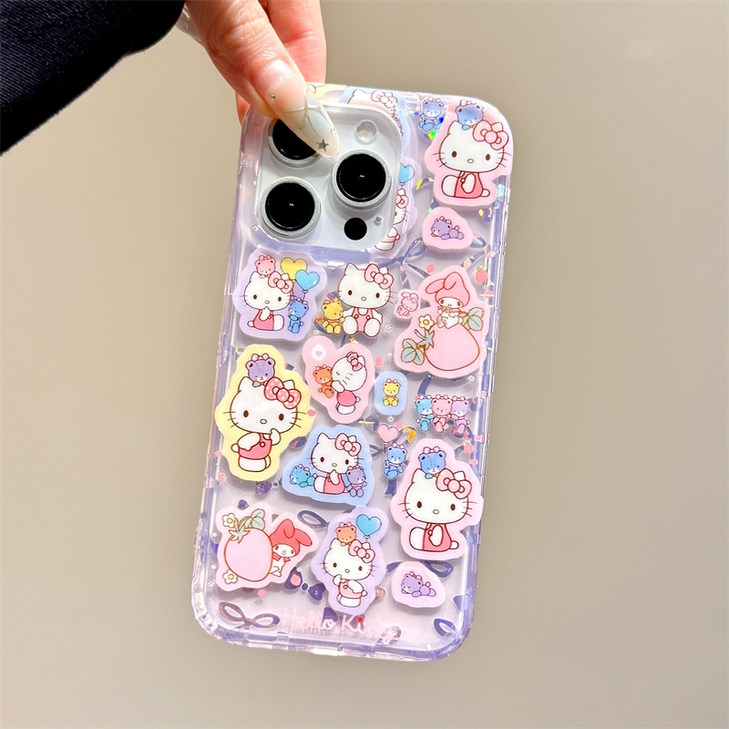 亮片蝴蝶结kitty猫美乐蒂小熊贴纸适用于iphone16promax苹果14手机壳15新款15pro女16少女心13pm硅胶防摔软壳