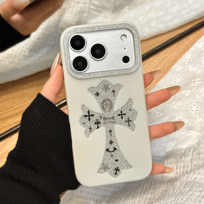 高级感银色闪粉油画黑色十字架适用于iphone17promax苹果14手机壳15新款16pro女13少女心17pm双层硅胶防摔套