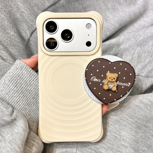 古董白色波漾液态硅胶立体钻爱心小熊磁吸支架适用于iphone17promax苹果14手机壳15新款16pro女13防摔17pm套