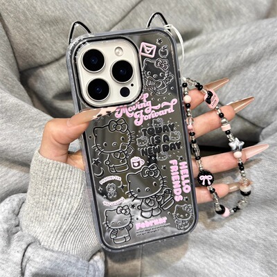可爱黑色线条kt猫镜面立体猫耳链条适用于iphone16promax苹果14手机壳15新款15pro女16二合一13pm硅胶防摔套