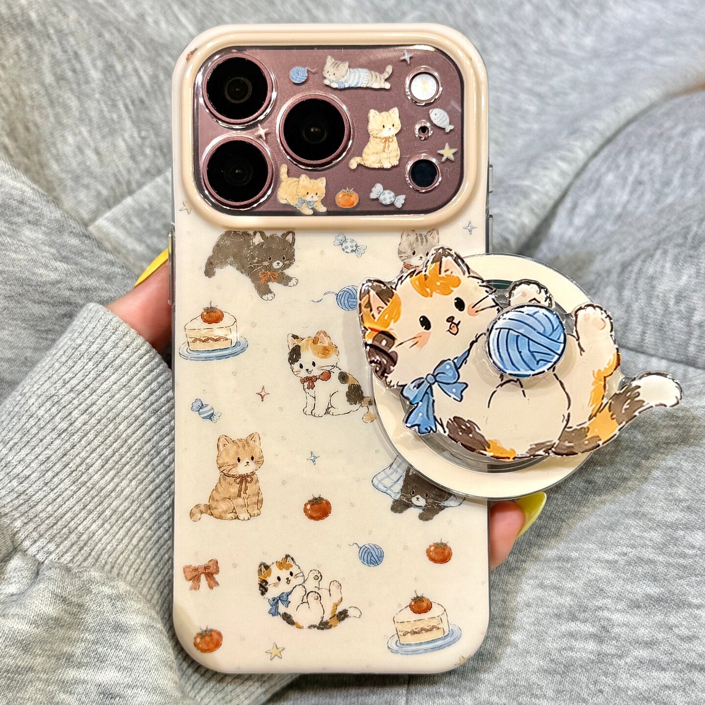 韩风ins可爱油画甜品毛线猫咪旋转磁吸支架适用于iphone18promax苹果17手机壳15新款16pro女17pm硅胶防摔软壳