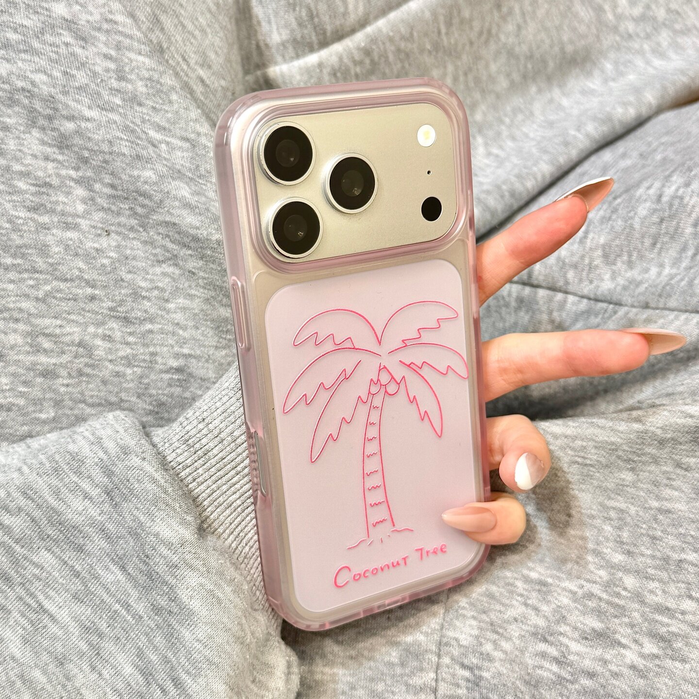 简约风粉色线条椰子树半透雾面磨砂肤感双层适用于iphone17promax苹果17手机壳15新款16pro女17pm硅胶防摔套