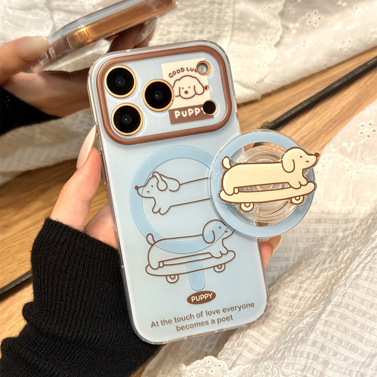 可爱油画线条滑板腊肠狗磁吸支架适用于iphone17promax苹果14手机壳15新款16pro女13少女心17pm硅胶防摔软壳