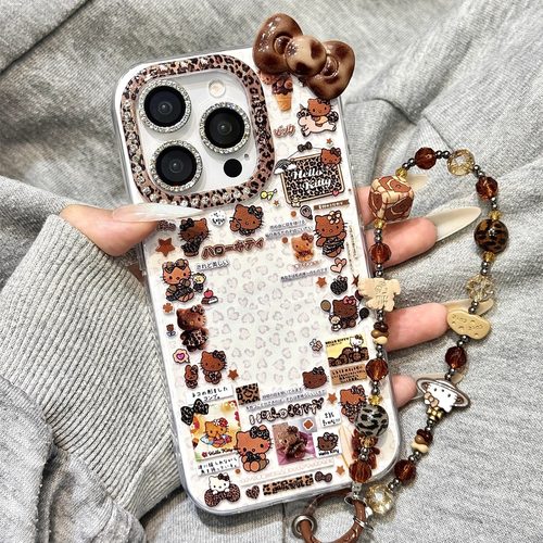 辣妹风豹纹黑皮kitty猫立体蝴蝶结链条适用于iphone17promax苹果14手机壳15新款16pro女17可爱13pm硅胶防摔套
