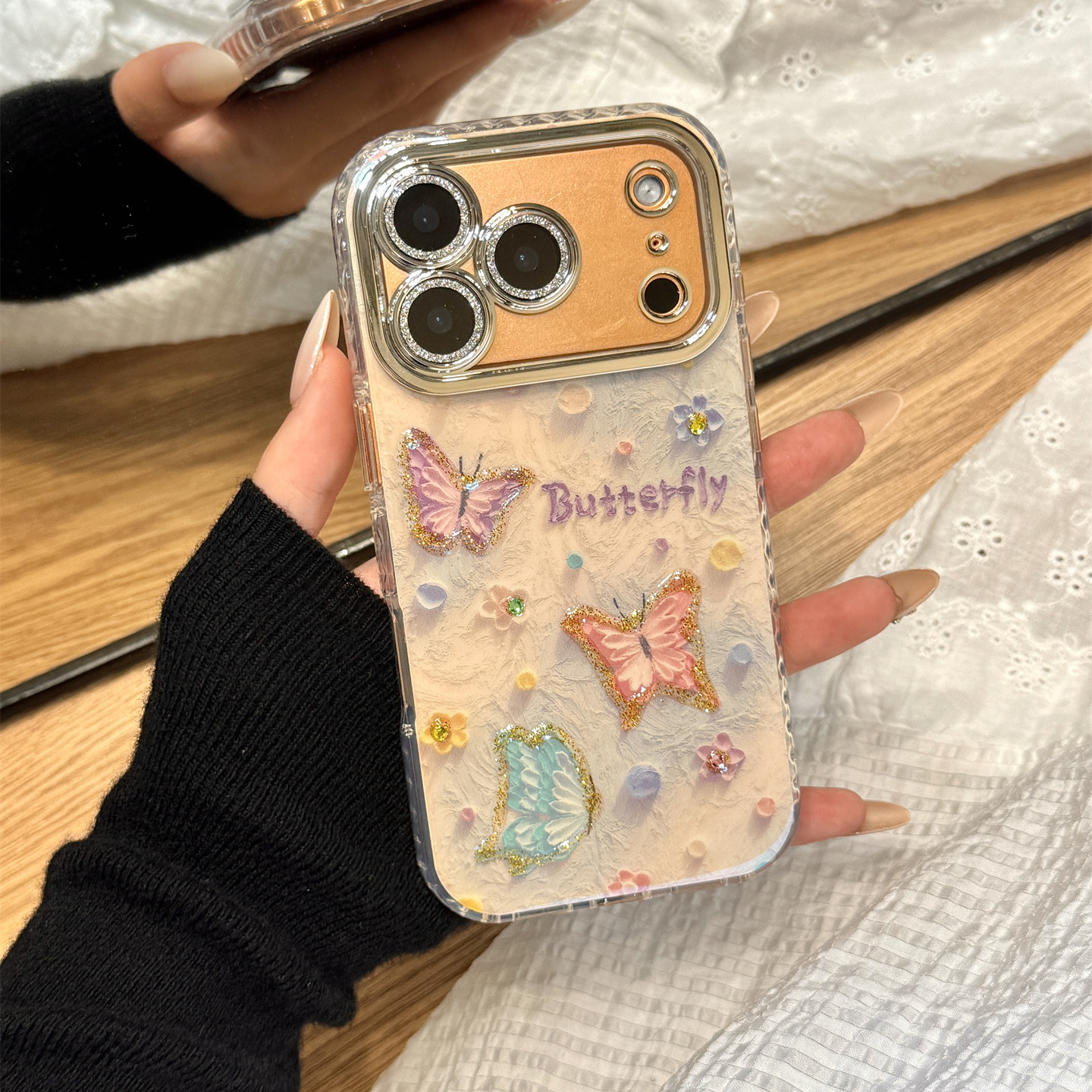 晕染色闪粉蝴蝶立体点钻花朵镜头保护膜适用于iphone17promax苹果14手机壳15新款16pro女13硅胶17pm防摔软壳