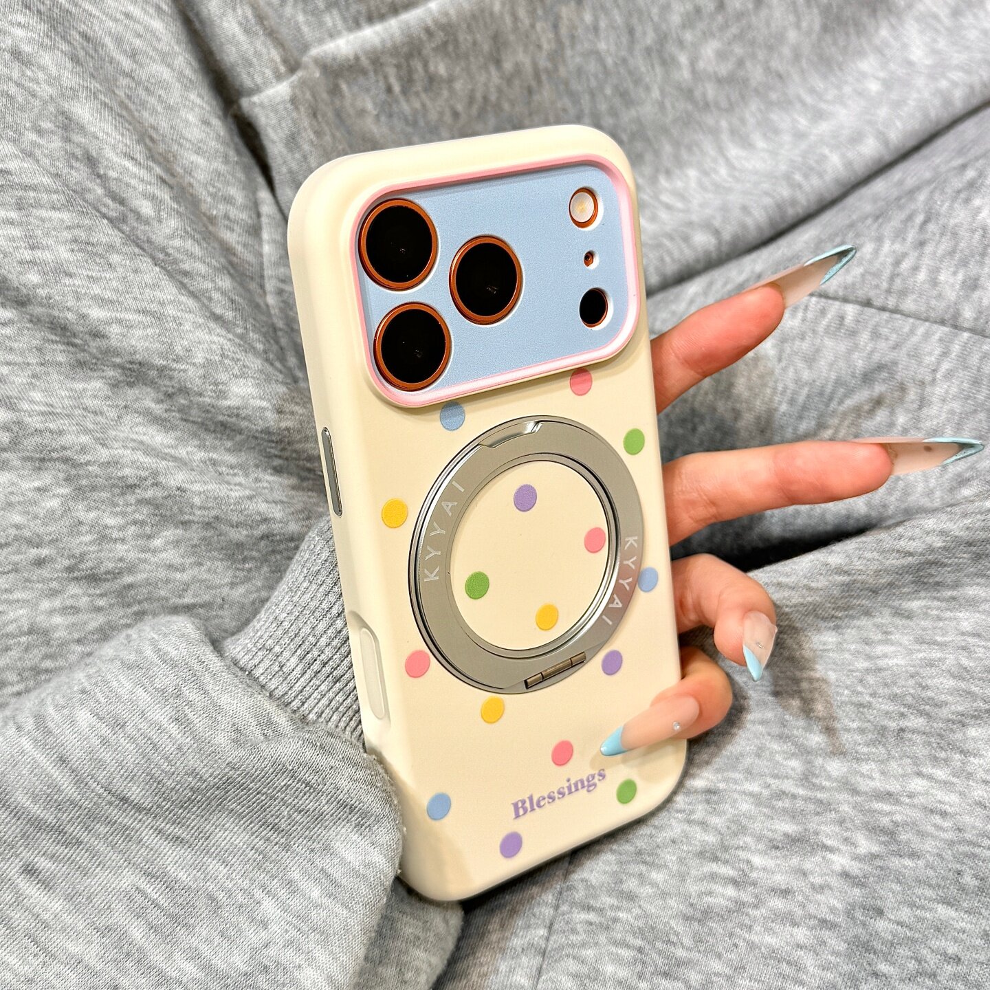 古董白底彩色波点液态硅胶360旋转一体支点壳适用于iphone1