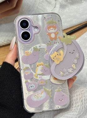 闪粉亮片jellycat紫色茄子猫咪磁吸支架适用于iphone17promax苹果14手机壳15新款16pro女13硅胶17pm防摔软壳