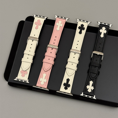 马卡龙纯色十字架皮质表带适用iwatch11苹果手表applewatch9小众风s10情侣Ultra23秋冬新款45SE简约s6女款S9