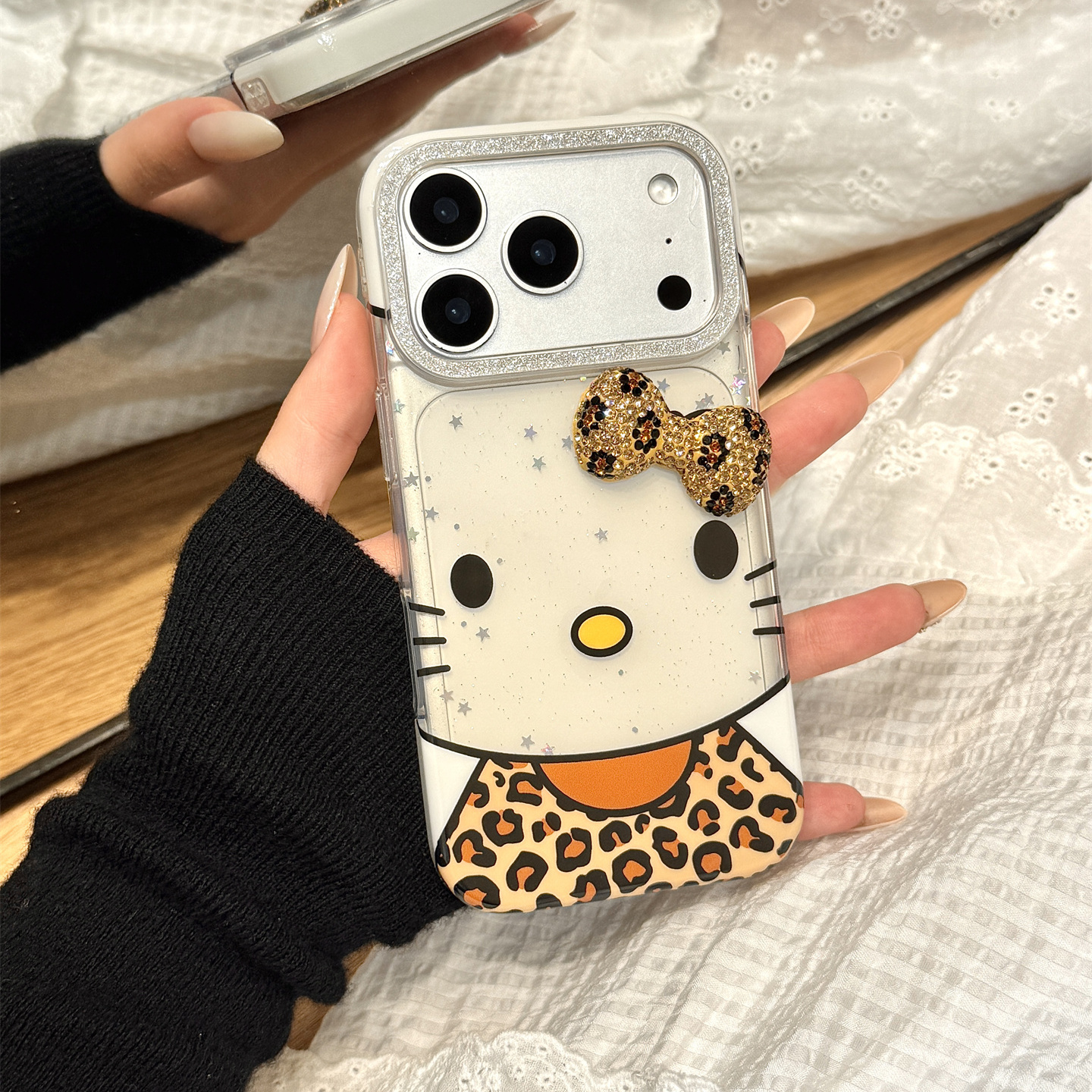 细闪粉亮片豹纹kitty猫立体钻蝴蝶结适用于iphone17promax苹果14手机壳15新款16pro女13少女心17pm硅胶防摔套