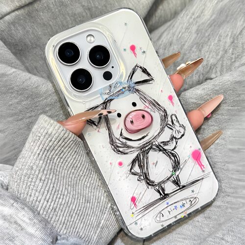 闪粉亮片涂鸦比耶猪猪立体旋转鼻子适用于iphone17promax苹果16手机壳15新款16pro女14可爱13pm硅胶防摔软壳