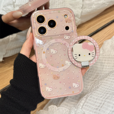 少女粉油画满屏彩色星星kitty猫磁吸支架适用于iphone17promax苹果14手机壳15新款16pro女13硅胶17pm防摔软壳