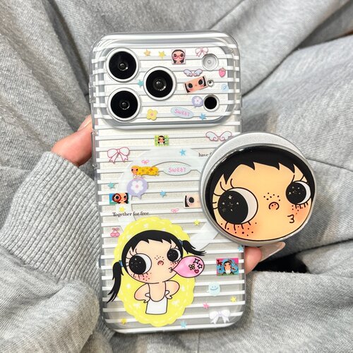 韩风ins简约条纹吹泡泡大眼睛女孩磁吸支架适用于iphone17promax苹果14手机壳15新款16pro女13硅胶17pm防摔套