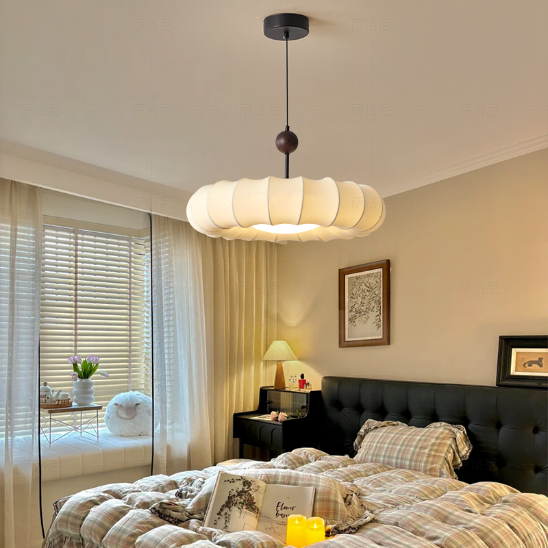 法式中古卧室吊灯复古实木布罩侘寂风书房餐厅吧台南瓜灯房间灯具