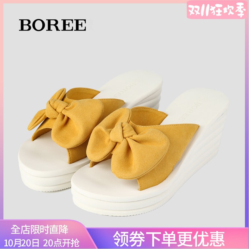 宝人高跟蝴蝶结一字拖女