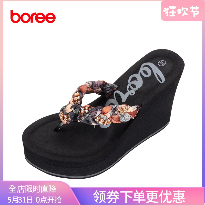 宝人坡跟凉拖女夏季花布水钻链条