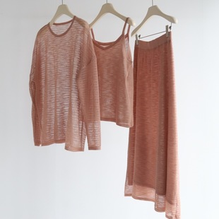 pureyou春夏宽松慵懒镂空长袖罩衫吊带半身裙三件套温柔知性套装