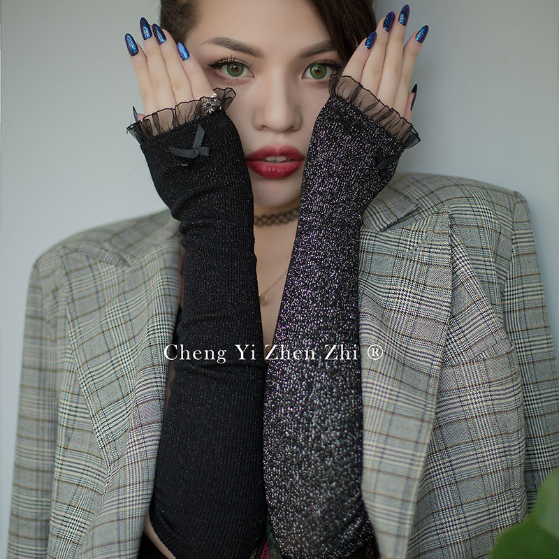 秋冬银丝保暖露指袖套蝴蝶结蕾丝花朵纯棉假袖子长款护肘手臂套袖