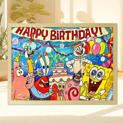 海绵宝宝全家福拼图木质带相框70片到300片1000益智解压儿童玩具