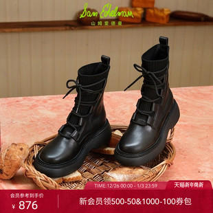 SAM 黑圆头厚底马丁靴牛皮短靴女NICOLE EDELMAN山姆爱德曼秋冬款