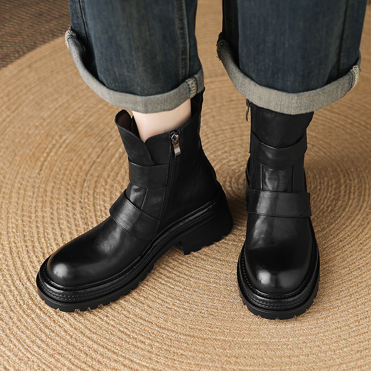 靴子2025新款女秋冬季加绒短靴女真皮高跟粗跟厚底靴大码女靴