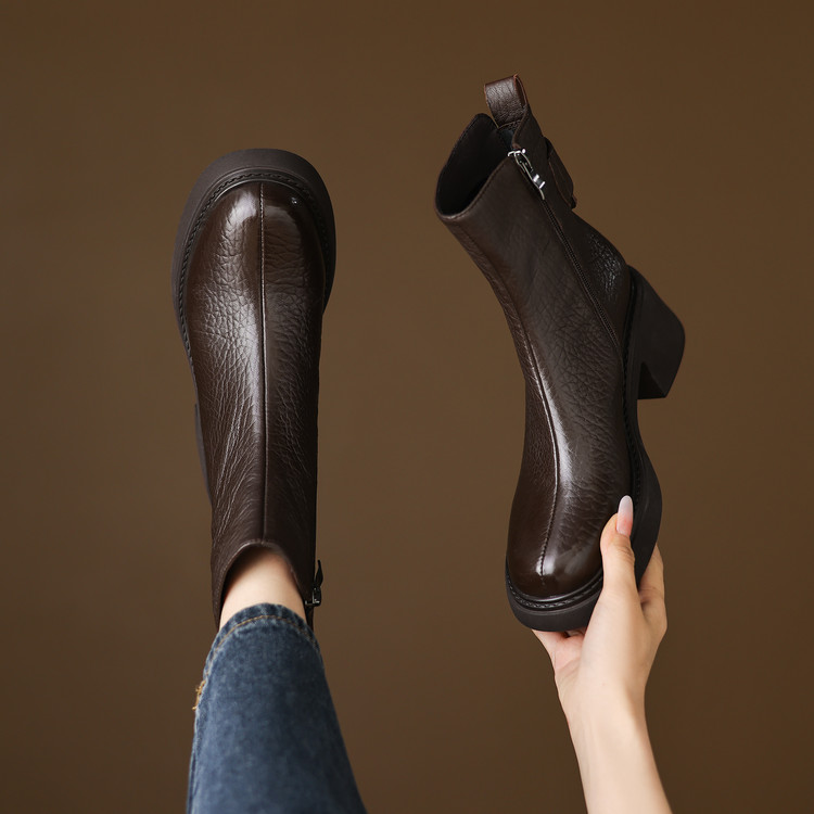 短靴女款2025新款秋冬季加绒真皮圆头粗跟高跟厚底大码女靴子