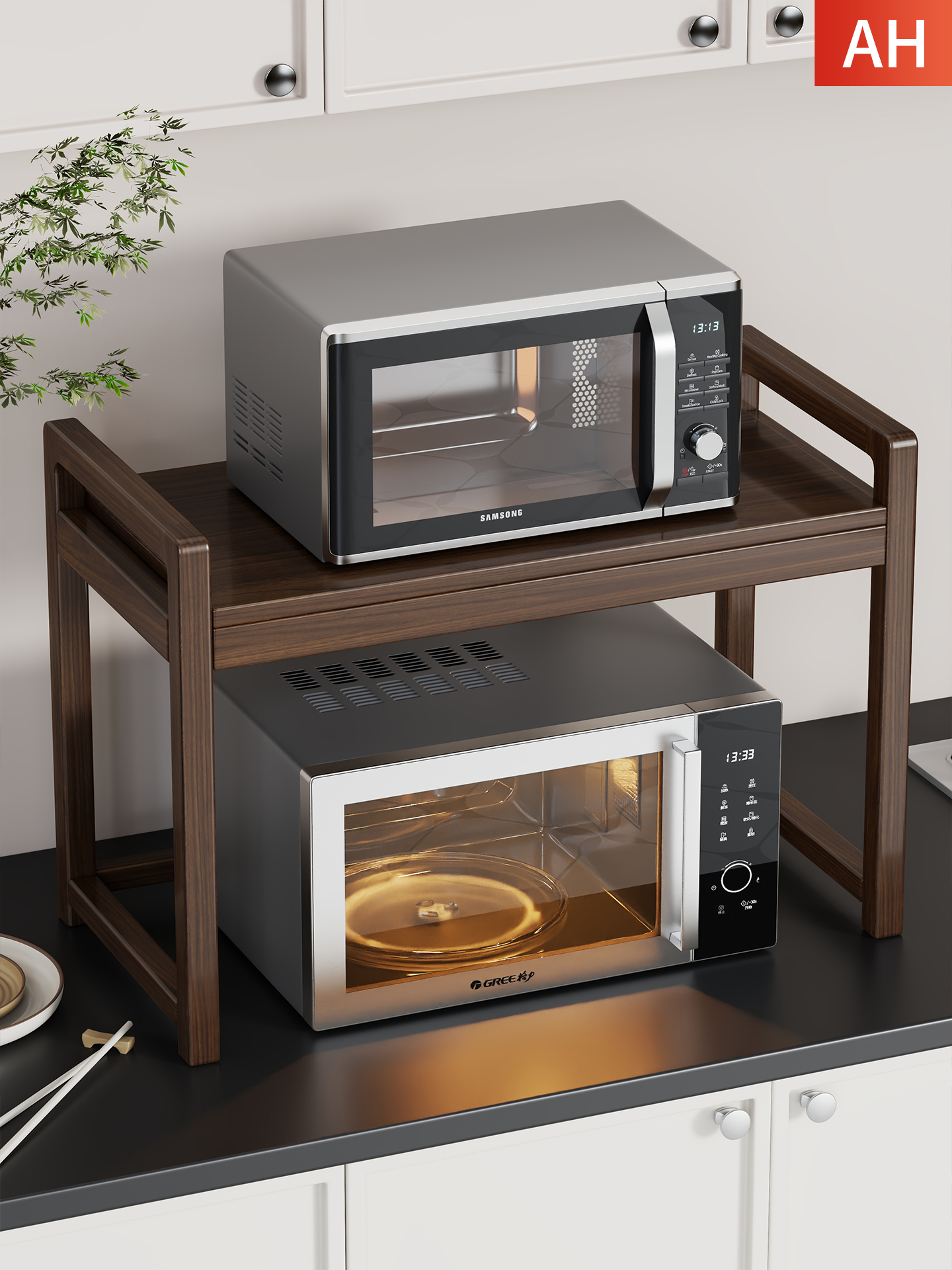 实木厨房微波炉置物架家用双层烤箱架台面桌面碗碟电饭煲收纳架子