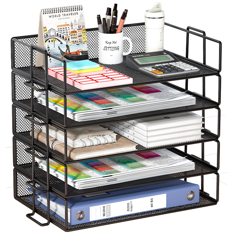 办公桌收纳置物架文件收纳盒办公用品文件架桌面书架多层大容量文件框文件夹A4纸资料档案整理架金属书立架