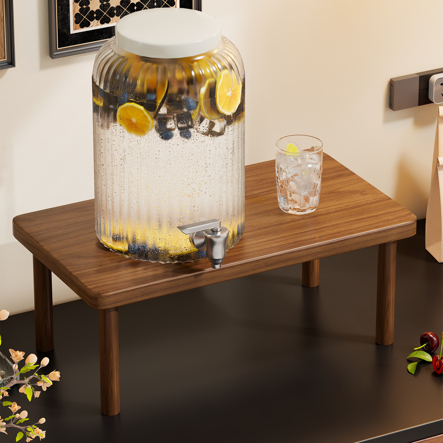 实木凉水壶增高架果汁壶家用水果茶桶饮料桶置物架冰啤酒桶收纳架