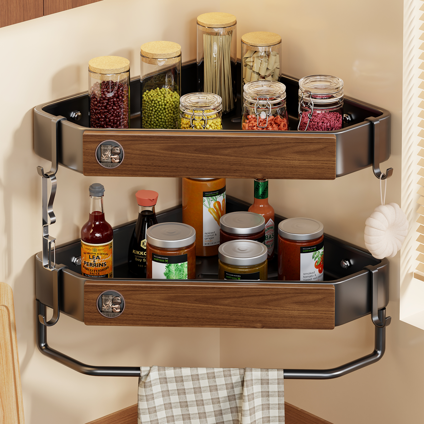 实木厨房小尺寸调料置物架壁挂墙上调味品收纳架小型免打孔拐角架