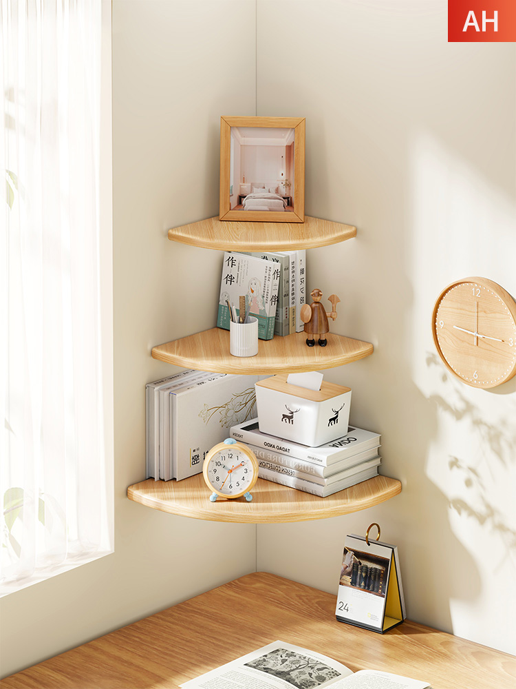 实木墙角置物架木质墙上免打孔扇形隔板厨房转角搁板三角书架层板