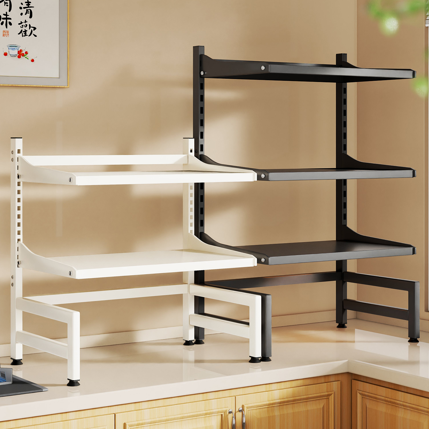 架子厨房双层微波炉台面收纳架储物电饭煲可调节电锅置物架伸缩