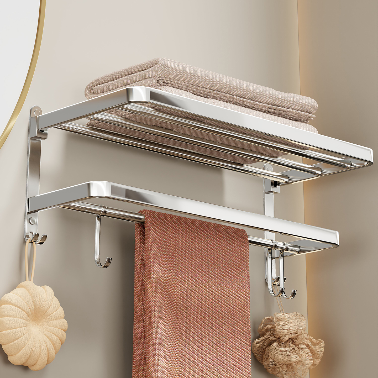 林家毛巾架不锈钢免打孔卫生间置物架沐浴室折叠浴巾架子加厚壁挂