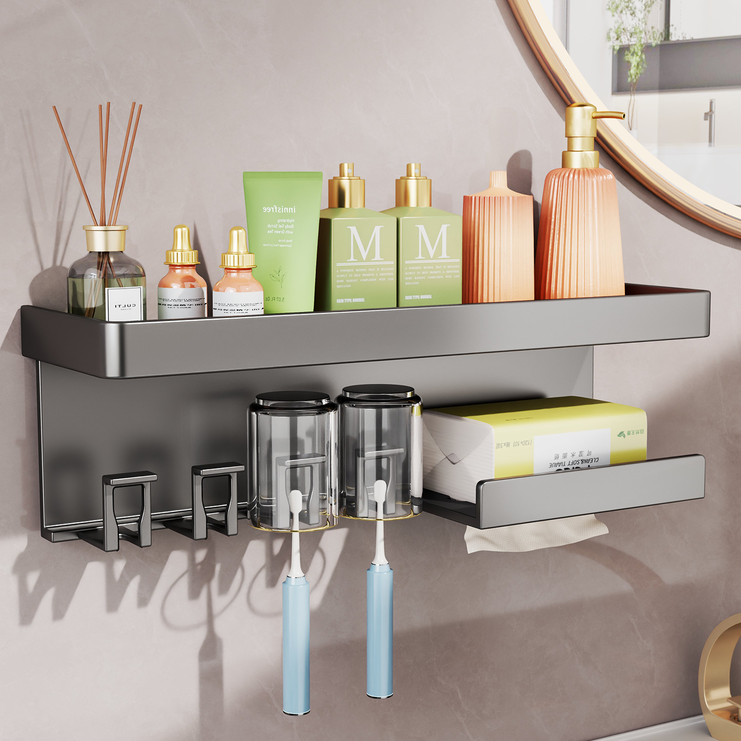 免打孔牙刷置物架卫生间壁挂式轻奢刷牙漱口杯牙膏牙具吹风机架子