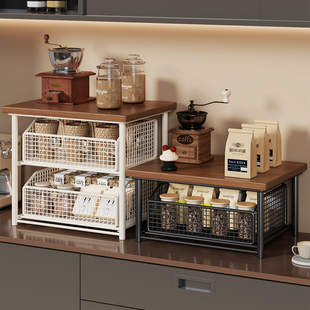 桌面咖啡机置物架餐桌收纳厨房多功能台面桌上可抽拉多层水杯架子