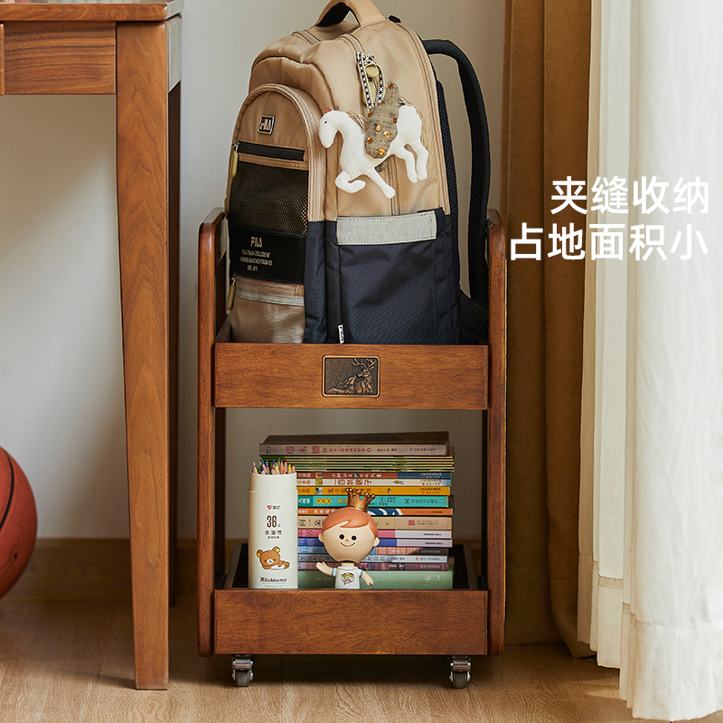 实木书包收纳筐带轮书本收纳