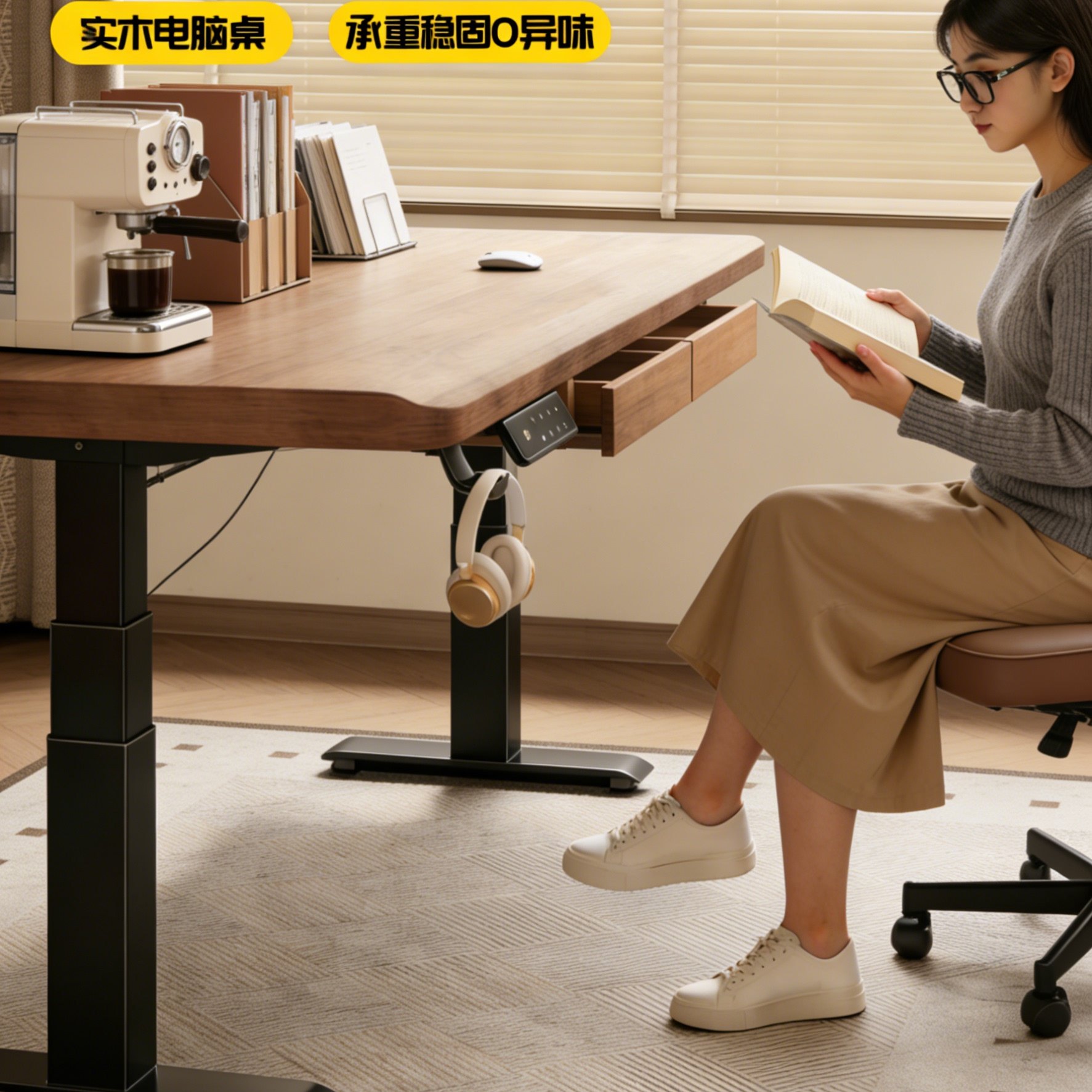 电动升降桌实木电脑桌台式卧室学习电竞书桌家用办公双电机桌子腿,住宅家具,电动升降桌,淘宝优惠券,粉丝福利购,淘宝优惠卷