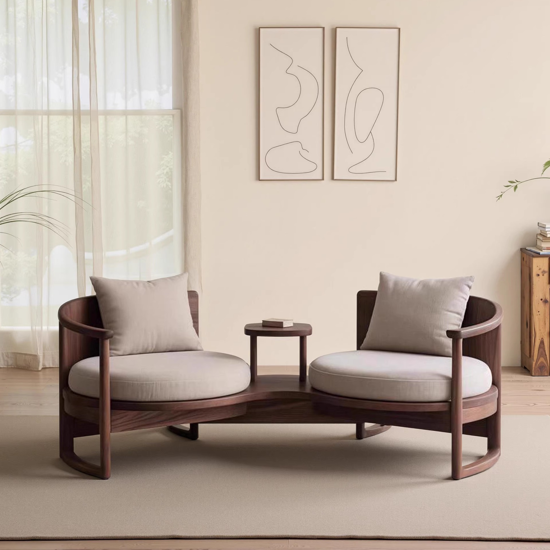 新中式黑胡桃木双人沙发椅宋式禅意别墅小户型高端中古风实木家具